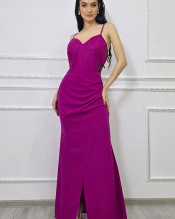 Rochie petrecuta, de seara Serelya, cu dantela si cristale artizanale, Magenta