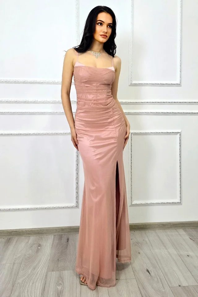 Rochie lunga satinata MaryVelle, cu tull si corset, Roz fondant, Marime S/M