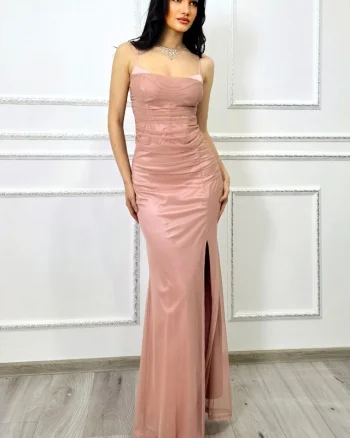 Rochie lunga satinata MaryVelle, cu tull si corset, Roz fondant, Marime S/M