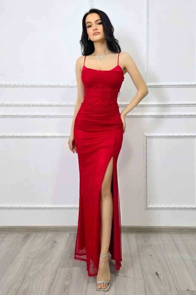 Rochie lunga satinata MaryVelle, cu tull si corset, Rosu, Marime S/M