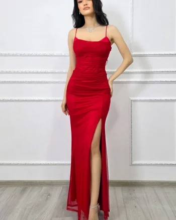 Rochie lunga satinata MaryVelle, cu tull si corset, Rosu, Marime S/M
