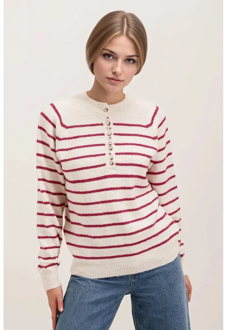 Pulover tricotat BigDart cu dungi, inchidere cu nasturi, acril si lana, Roz magenta,