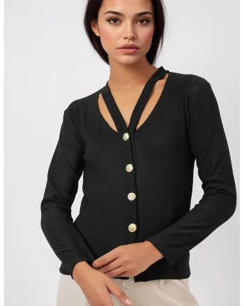 Cardigan, HiCCUP, cu decolteu in V, maneci lungi, negru, poliester