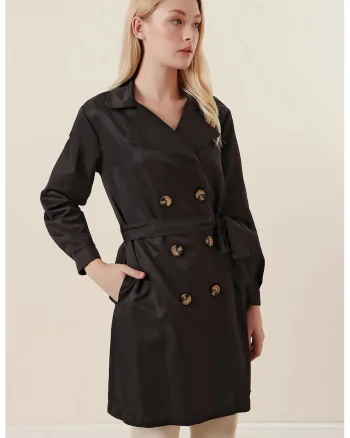 Palton dama, HiCCUP, cu doua randuri de nasturi, negru, textil