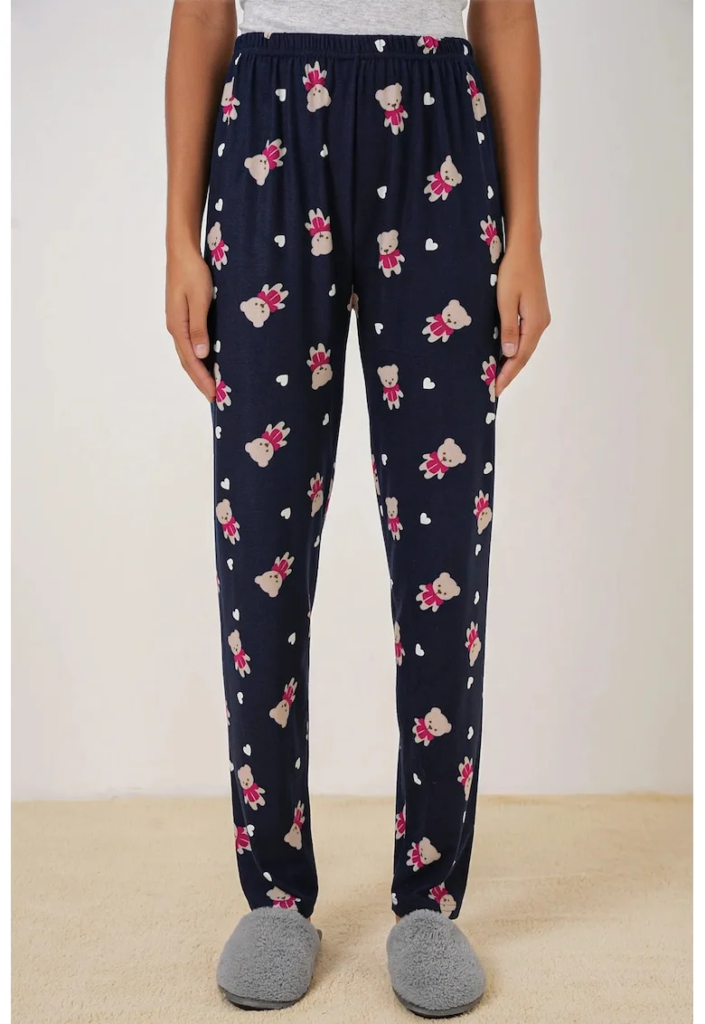 Pantaloni de pijama HiCCUP, model cu imprimeu ursuleti, poliester/jerseu, bleumarin
