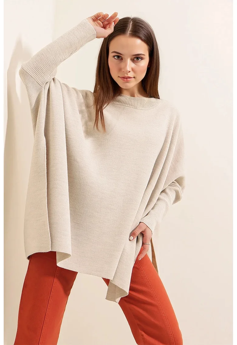 Pulover dama, BigDart, cu guler inalt, dungi, tricot, Crema naturala,