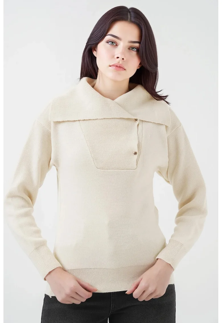 Pulover dama BigDart, acrilic, guler sal, tricot, Crema naturala,