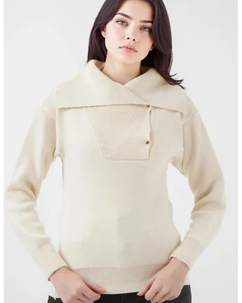 Pulover dama BigDart, acrilic, guler sal, tricot, Crema naturala,