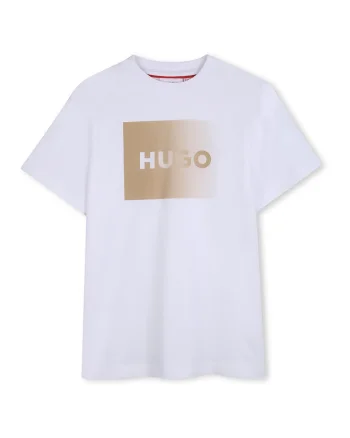 Tricou cu decolteu la baza gatului si imprimeu logo cu aspect in degrade, Maro camel/Alb optic