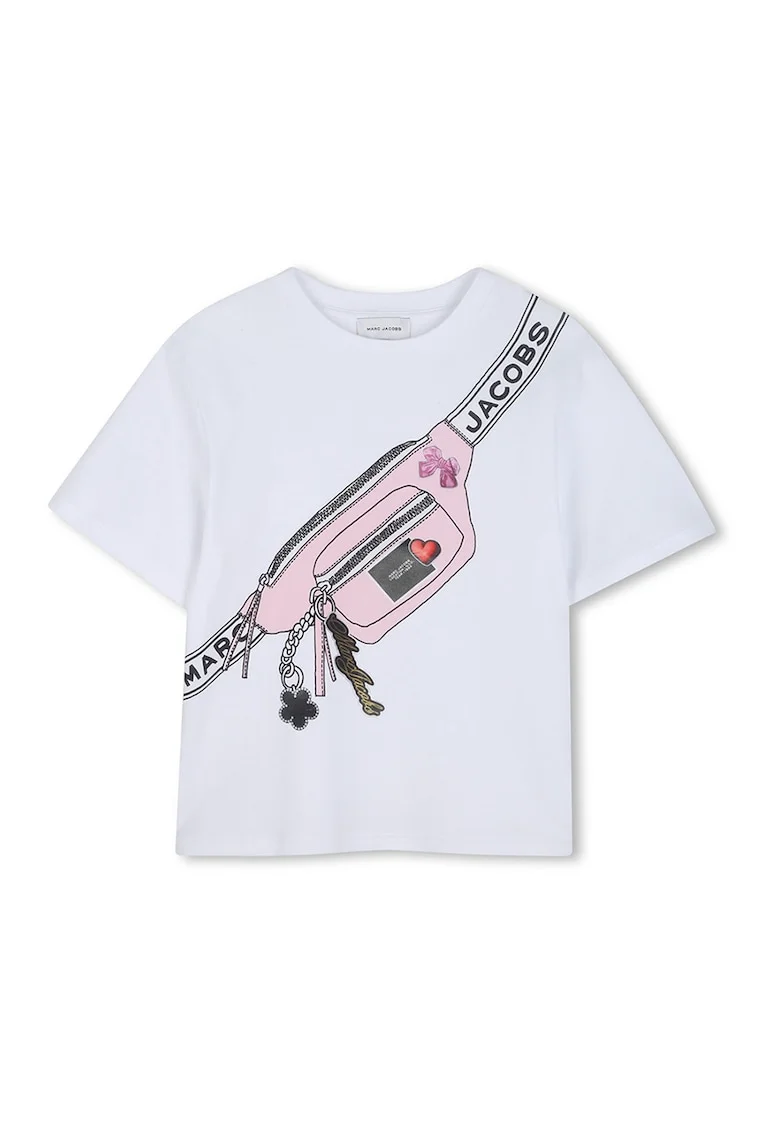 Tricou cu decolteu la baza gatului si model grafic, Alb/Negru/Roz pal