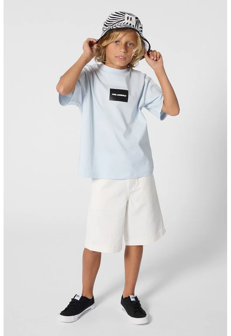 Tricou cu imprimeu si maneci cazute, Albastru pastel/Negru stins/Alb murdar