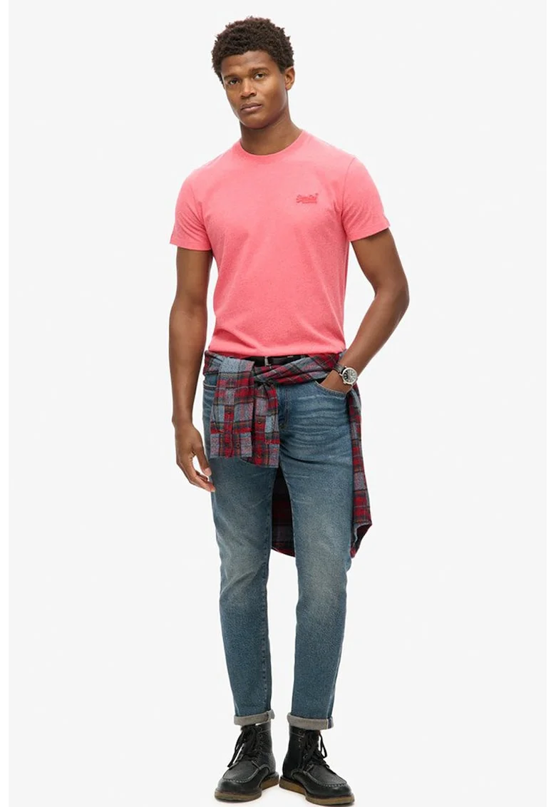 Tricou din bumbac cu decolteu la baza gatului so logo brodat, Roz melange