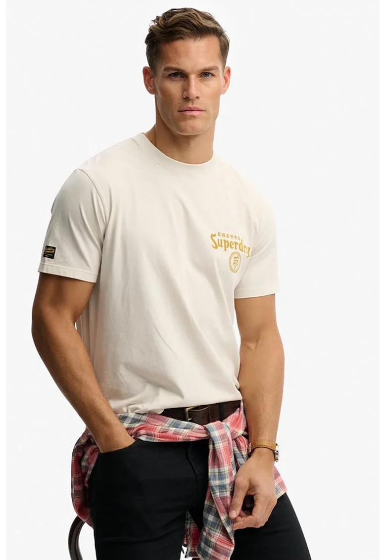 Tricou cu decolteu la baza gatului si imprimeu, Crem