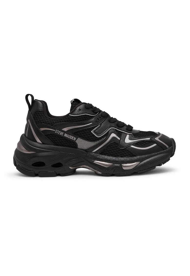 Pantofi sport demi-wedge din plasa cu garnituri din material sintetic, Negru, Argintiu,