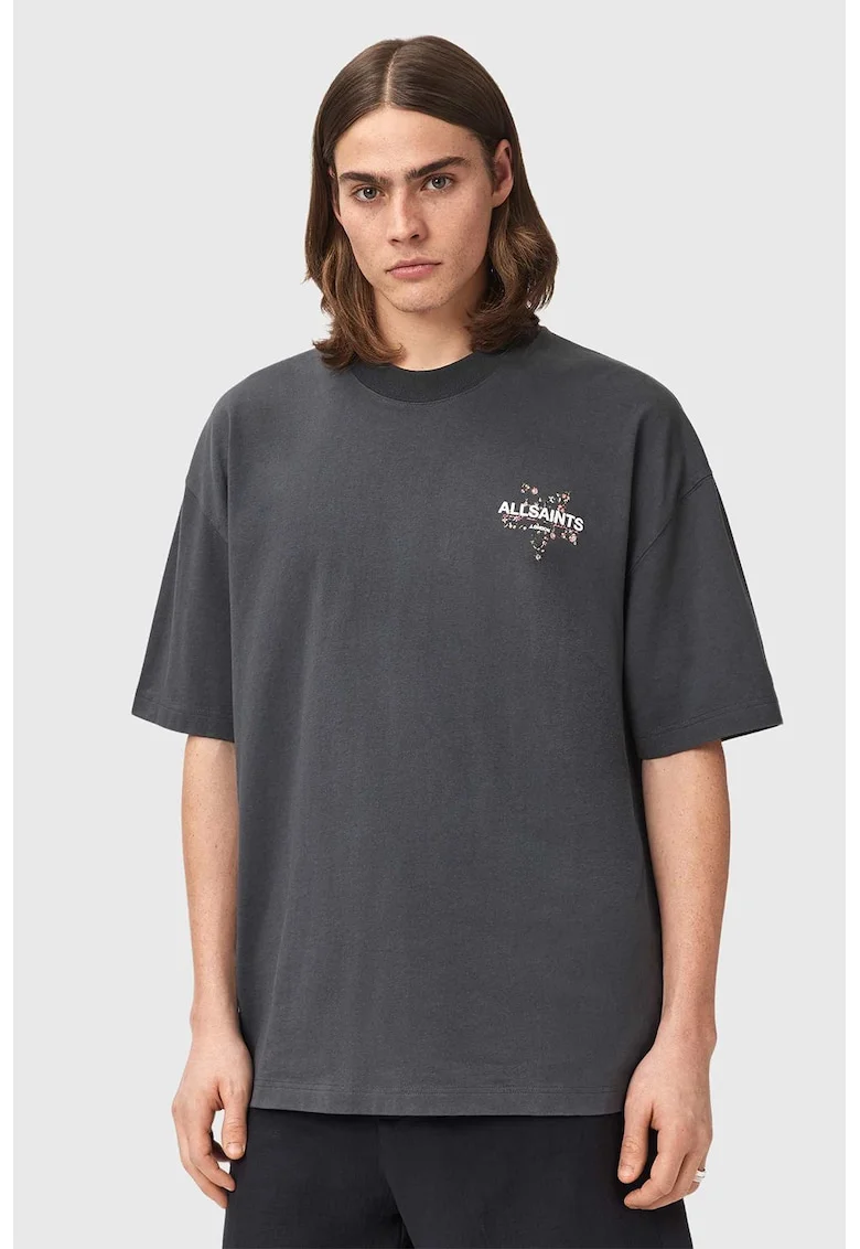 Tricou supradimensionat cu imprimeu logo, Alb/Gri inchis