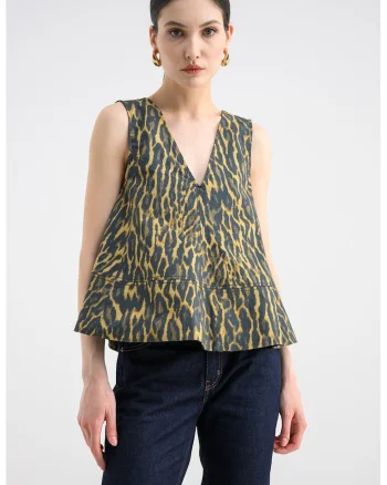 Bluza cu decolteu in V si model animal print, Galben/Verde inchis