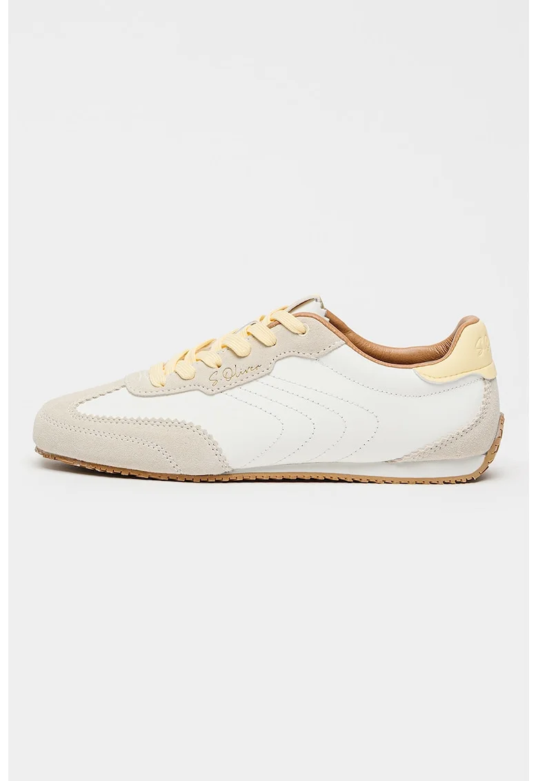 Pantofi sport low-cut din piele cu varf rotund, Alb/Gri