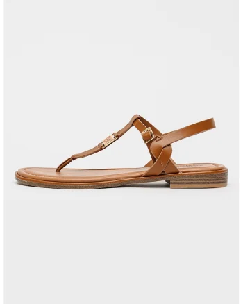 Sandale din piele ecologica cu bareta in forma de T, Caramel