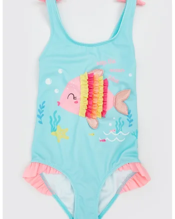 Costum de baie cu bretele incrucisate, Albastru glaciar/Roz