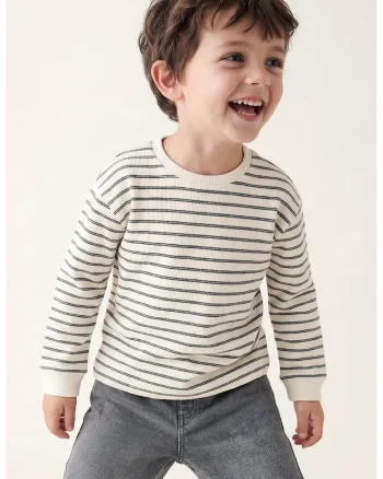 Bluza cu decolteu rotund si dungi, Alb fildes/Negru