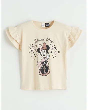 Tricou cu maneci cu volane si imprimeu Minnie Mouse, Galben pal
