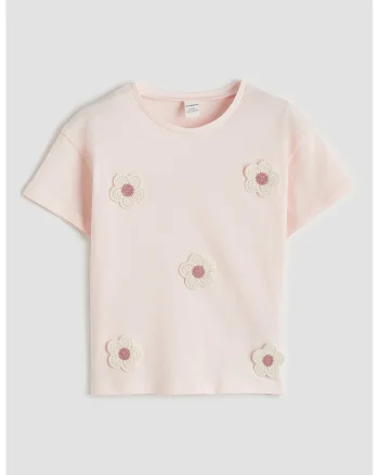 Tricou din bumbac cu aplicatii florale, Roz pal
