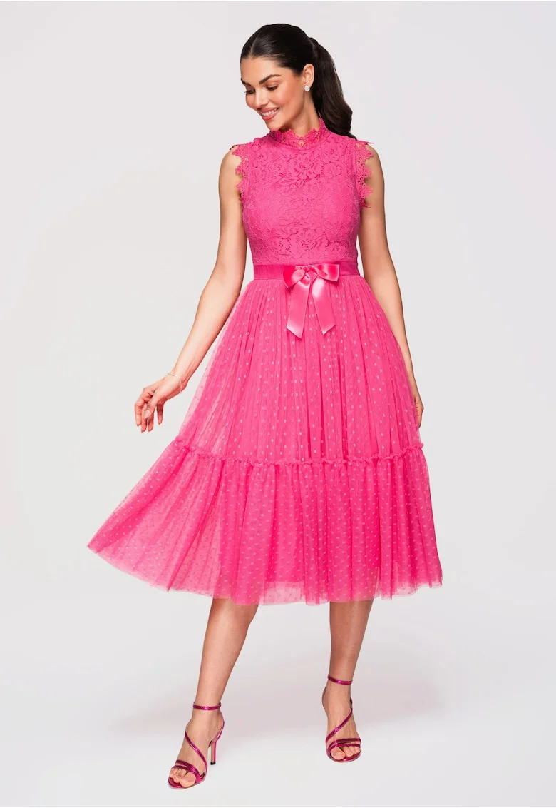 Rochie Midi Eleganta cu Dantela Florala si Croi Cloche pentru Evenimente Speciale, Fucsia