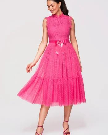 Rochie Midi Eleganta cu Dantela Florala si Croi Cloche pentru Evenimente Speciale, Fucsia