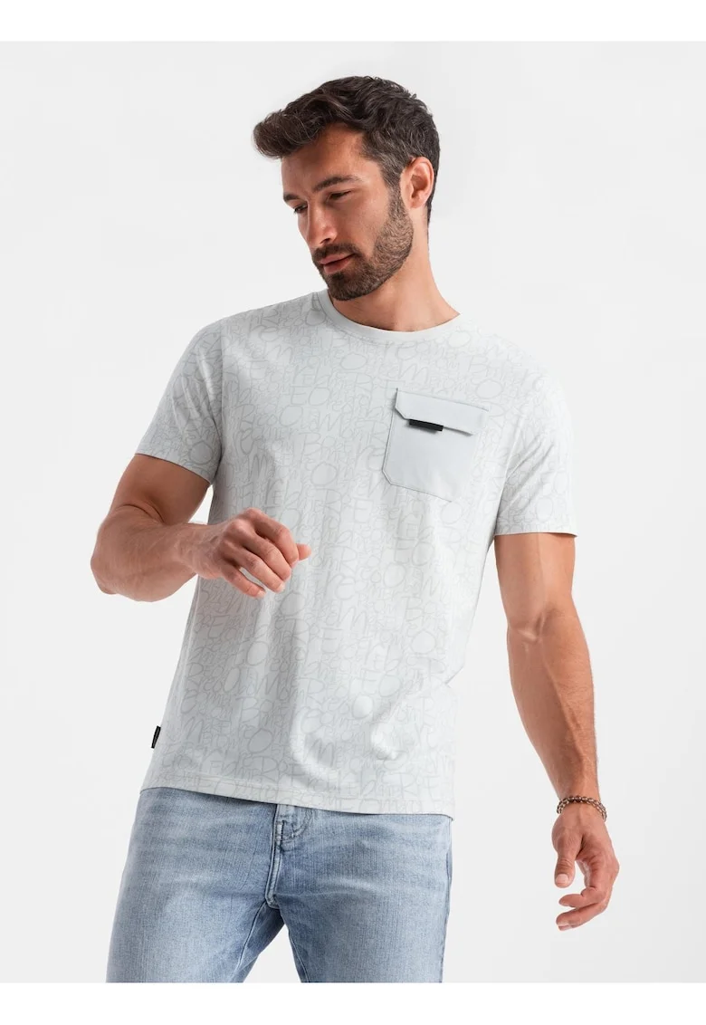 Tricou barbati cu imprimeu grafic, buzunar practic, bumbac single jersey, Alb murdar