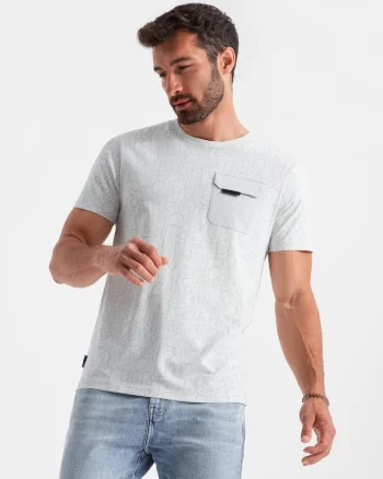 Tricou barbati cu imprimeu grafic, buzunar practic, bumbac single jersey, Alb murdar