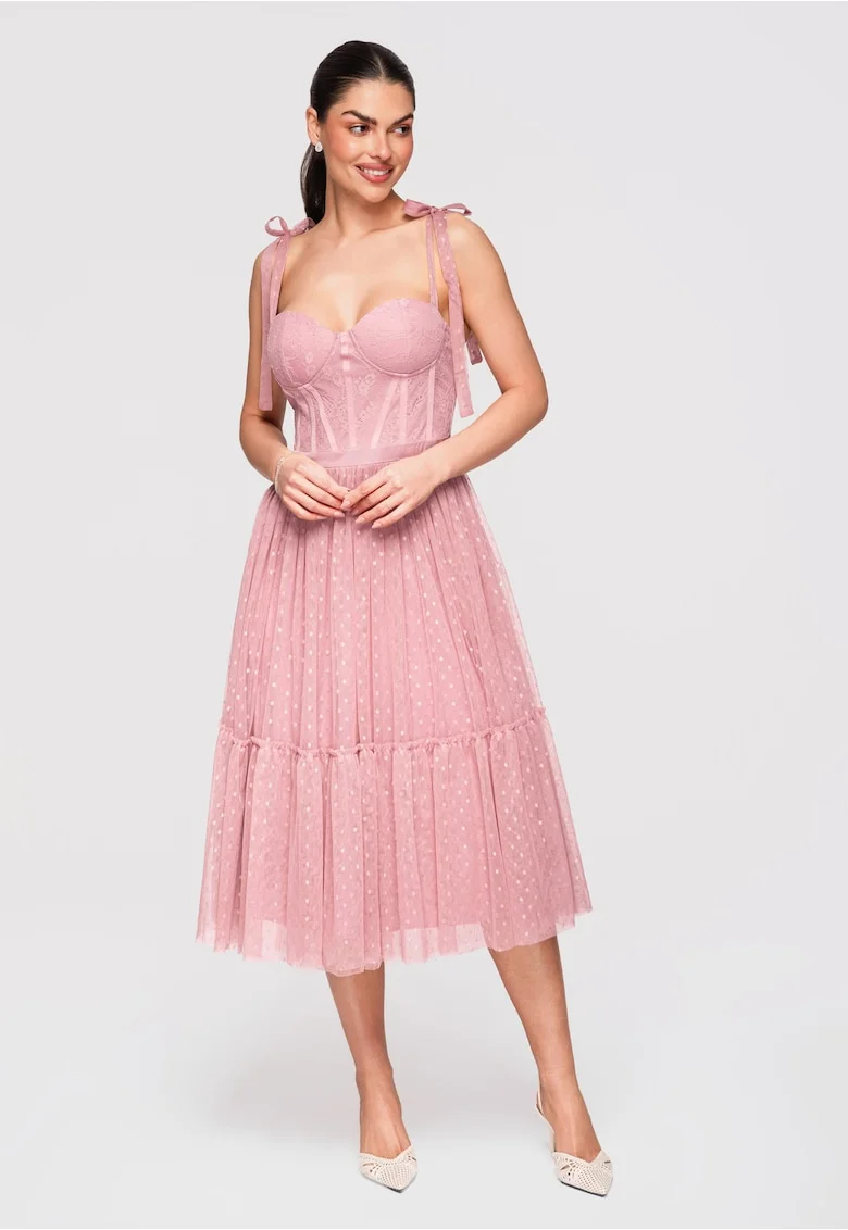 Rochie midi evazata cu corset si bretele reglabile, din tul cu aplicatii, Roz
