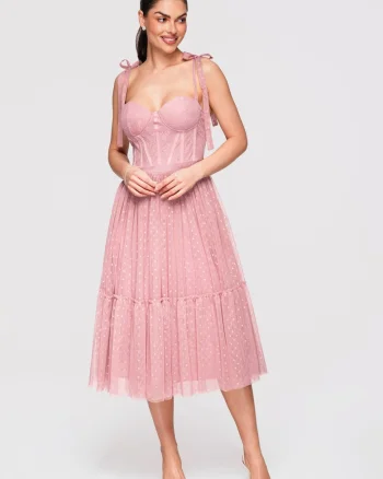 Rochie midi evazata cu corset si bretele reglabile, din tul cu aplicatii, Roz