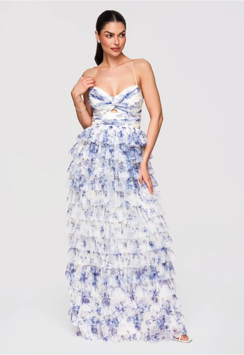 LARICA Rochie Maxi de Seara, Tulle Stratificat, Croiala Evazata cu Spatele Gol, Albastru