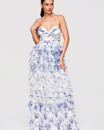 LARICA Rochie Maxi de Seara, Tulle Stratificat, Croiala Evazata cu Spatele Gol, Albastru