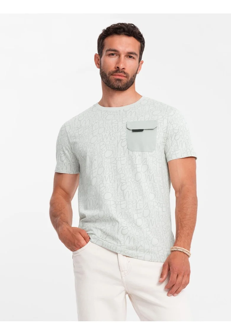 Tricou barbati cu imprimeu grafic, buzunar practic, bumbac single jersey, Verde deschis