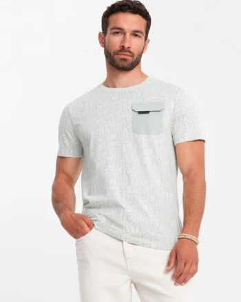 Tricou barbati cu imprimeu grafic, buzunar practic, bumbac single jersey, Verde deschis