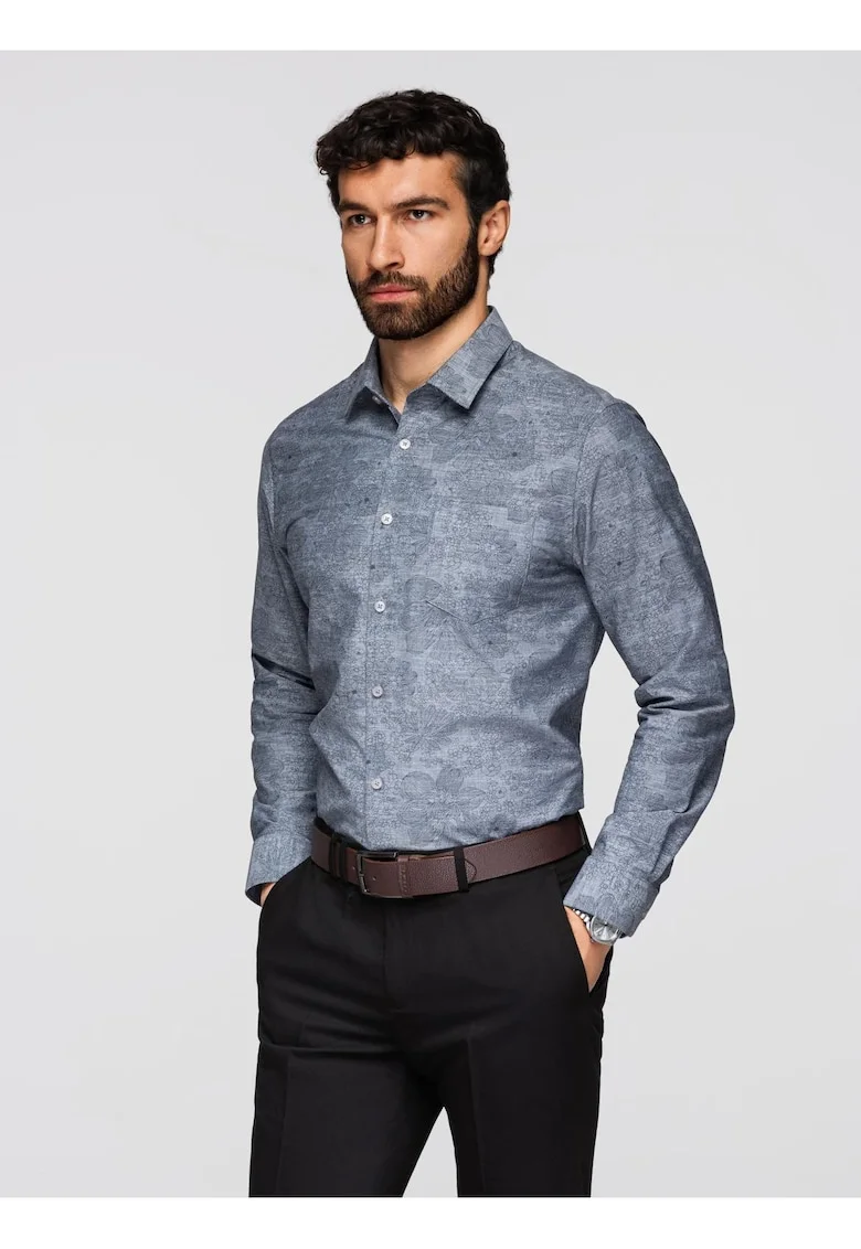 Camasa clasica din flanela de bumbac cu model floral  K701, Gri deschis