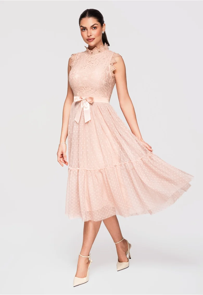 Rochie Midi Eleganta cu Dantela Florala si Croi Cloche pentru Evenimente Speciale, Nude