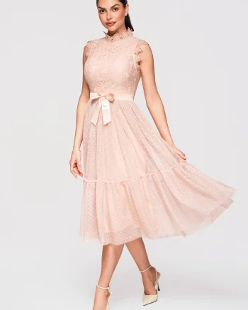 Rochie Midi Eleganta cu Dantela Florala si Croi Cloche pentru Evenimente Speciale, Nude