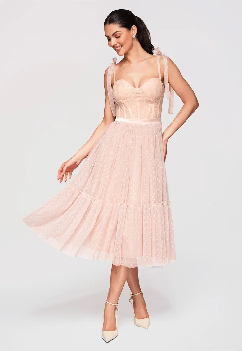 Rochie midi evazata cu corset si bretele reglabile, din tul cu aplicatii, Nude