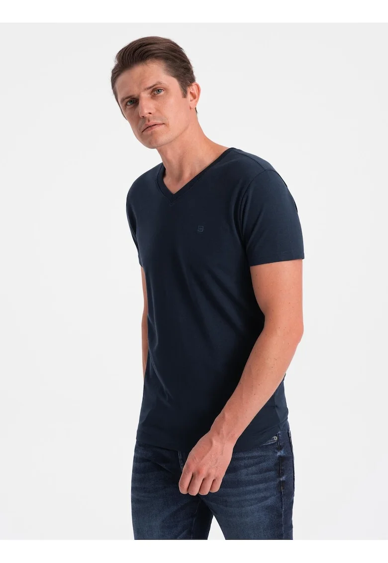 Tricou barbati casual cu decolteu in V bumbac elastic, Bleumarin