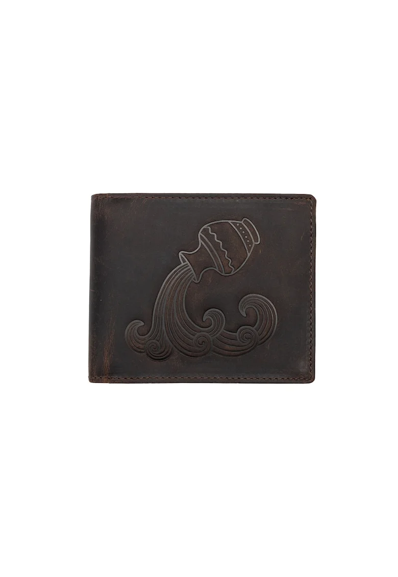 Portofel barbati piele naturala maro zodiac Varsator, 10 x 12 x 2 cm