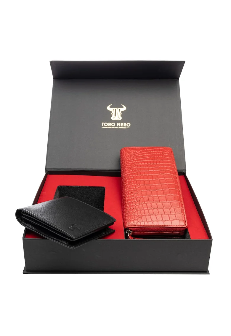 Set portofel dama si portofel barbati, piele naturala, rosu, Gia-Muselles