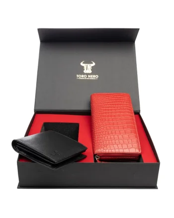 Set portofel dama si portofel barbati, piele naturala, rosu, Gia-Muselles