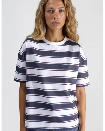 Tricou dama,  cu guler rotund, dungi, multicolor, bumbac si poliester
