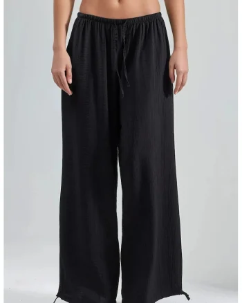 Pantaloni dama  talie elastica, cu snur, negru, poliester