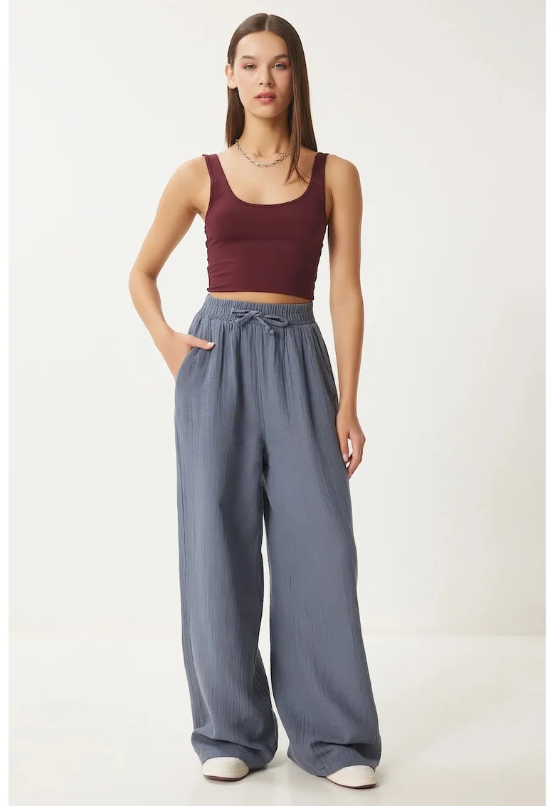 Pantaloni dama, Happiness Istanbul, talie cu snur, gri, bumbac
