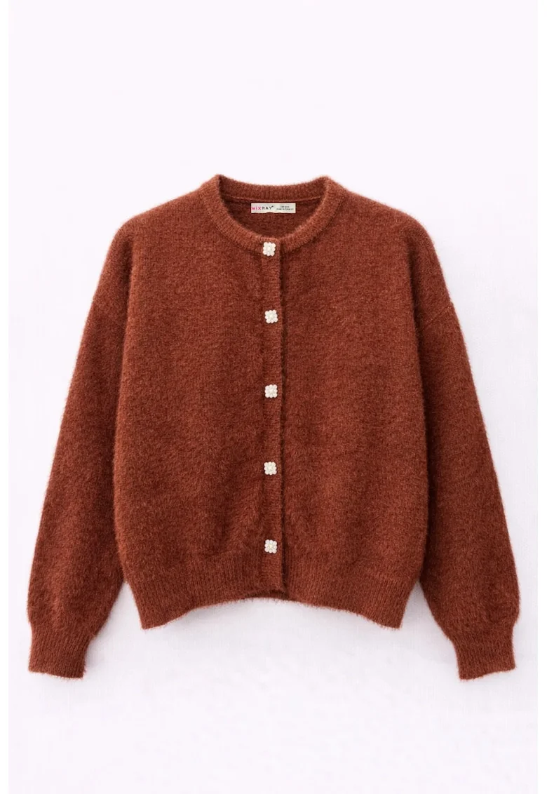 Cardigan dama,  supradimensionat, cu nasturi, maro, poliester, One Size