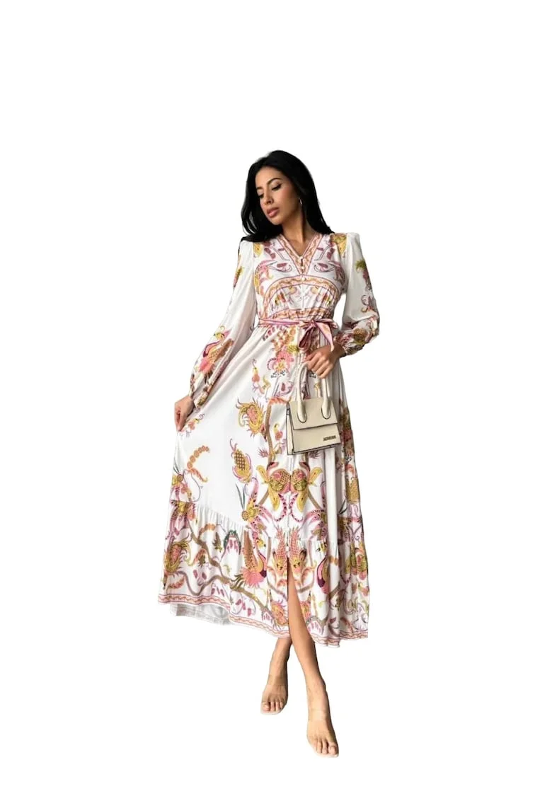 Rochie Maxi,  Imprimata, Decolteu in V, Curea, Poliester-Bumbac