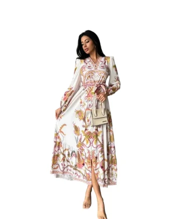 Rochie Maxi,  Imprimata, Decolteu in V, Curea, Poliester-Bumbac